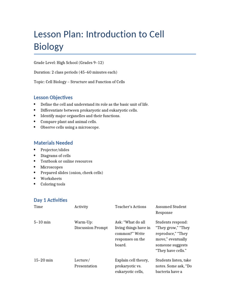 Cell Biology Lesson Plan | PDF | Cell (Biology) | Organelle