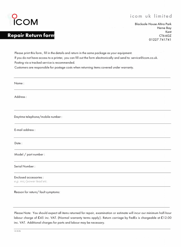 Icom Repair Return Form2025 | PDF
