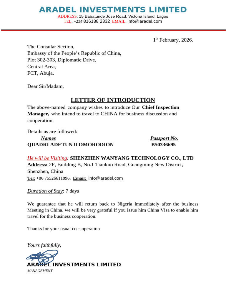 Festman Investment Limited Introduction Letter | PDF