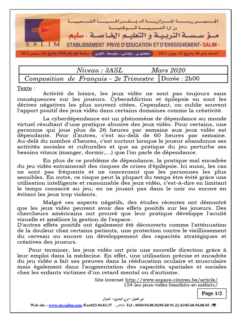 Dzexams 3as Francais 198263 | PDF | Jeux vidéo | Épilepsie