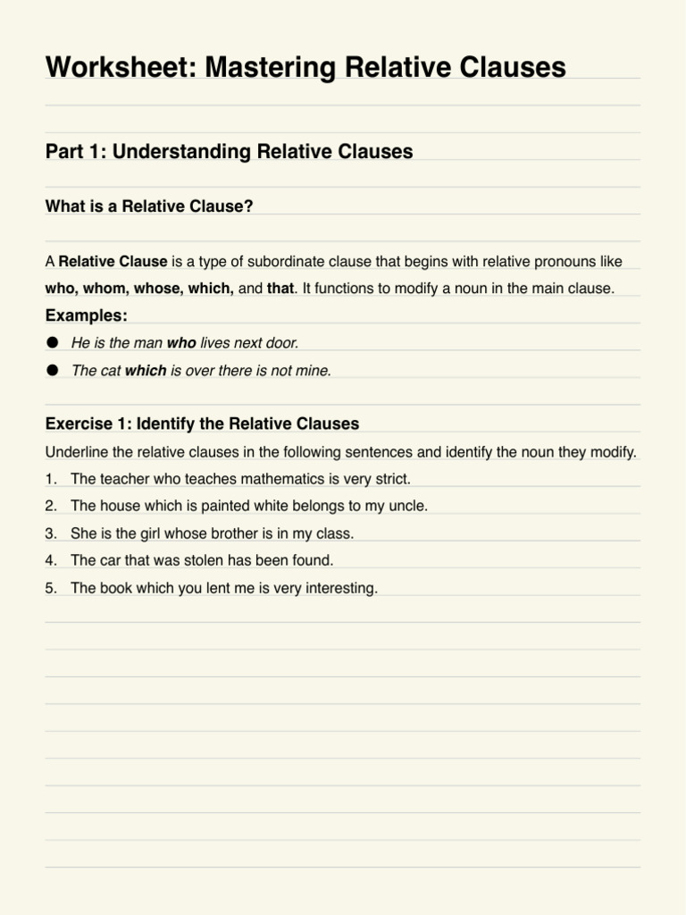 Worksheet Mastering Relative Clauses | PDF | Clause | Sentence ...