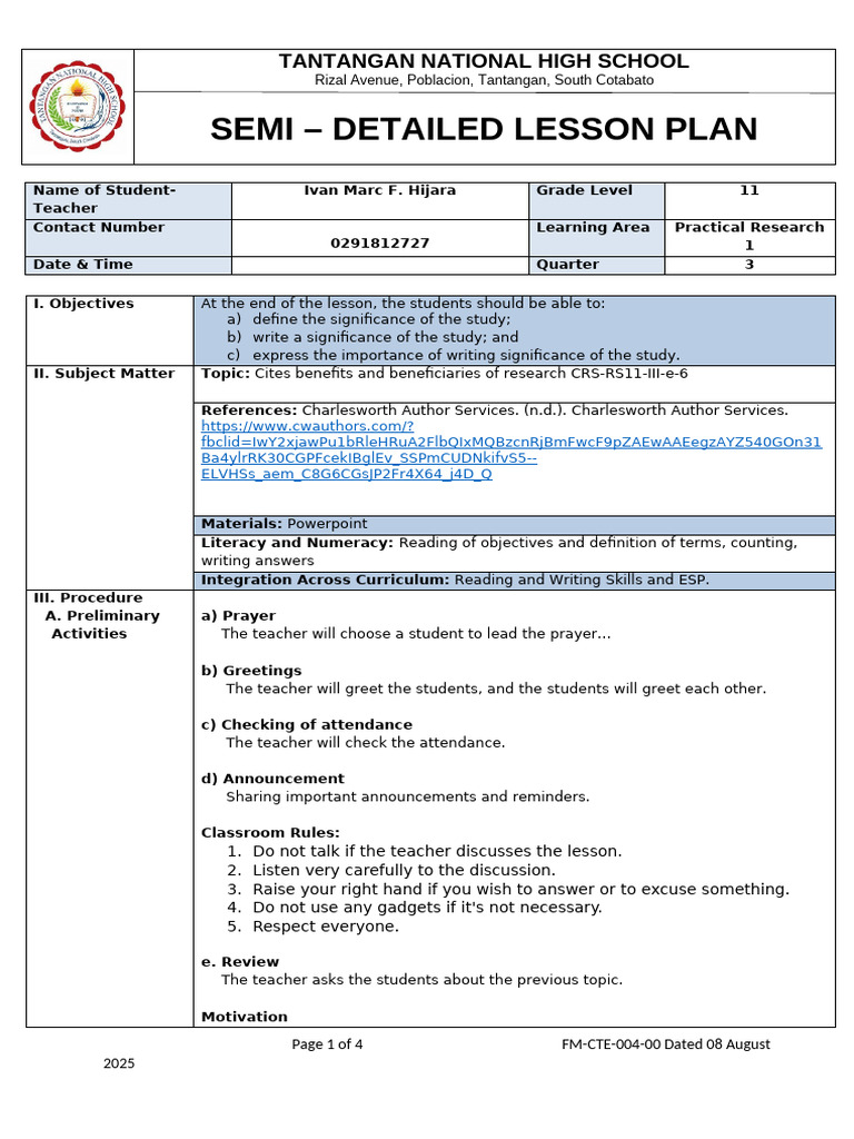 Significance of The Study Lesson Plan | PDF | Lesson Plan | Teachers