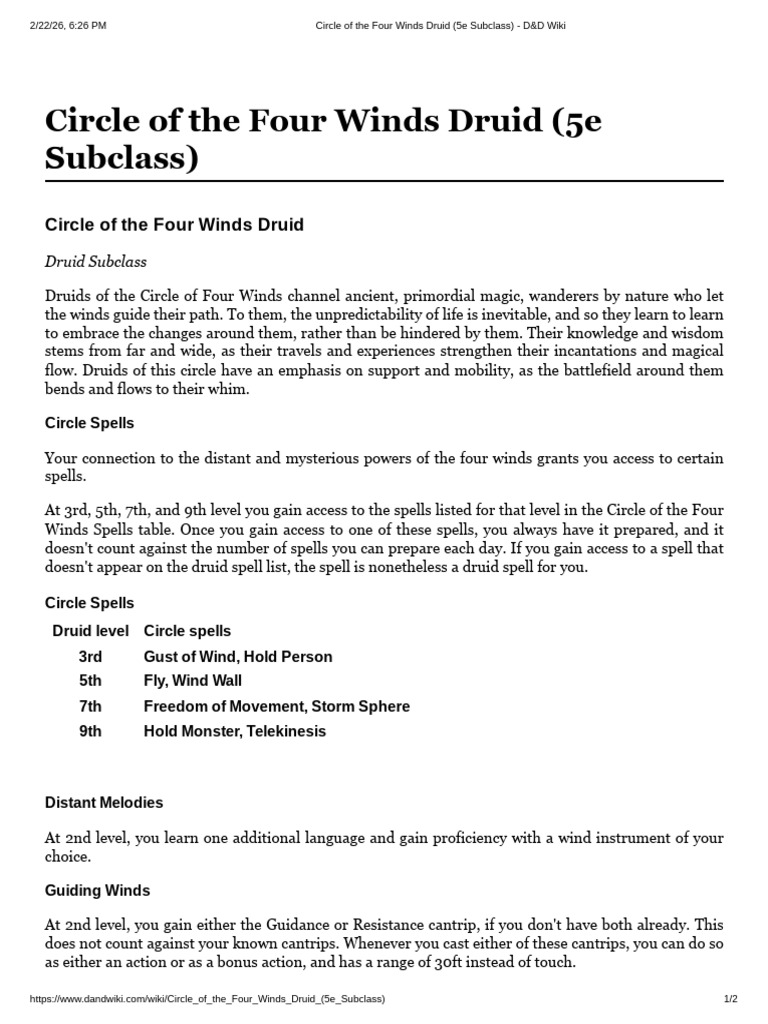 Circle of The Four Winds Druid (5e Subclass) - D&D Wiki | PDF | Wound