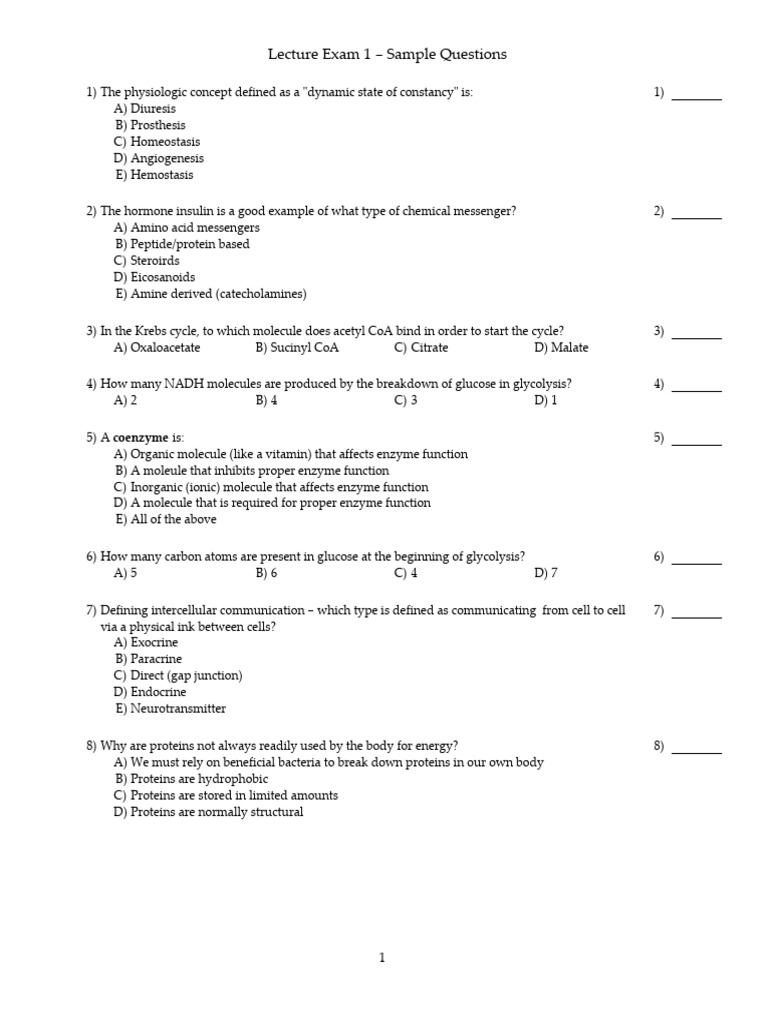 Physiology Lecture Exam 1 Samples | PDF | Adenosine Triphosphate ...