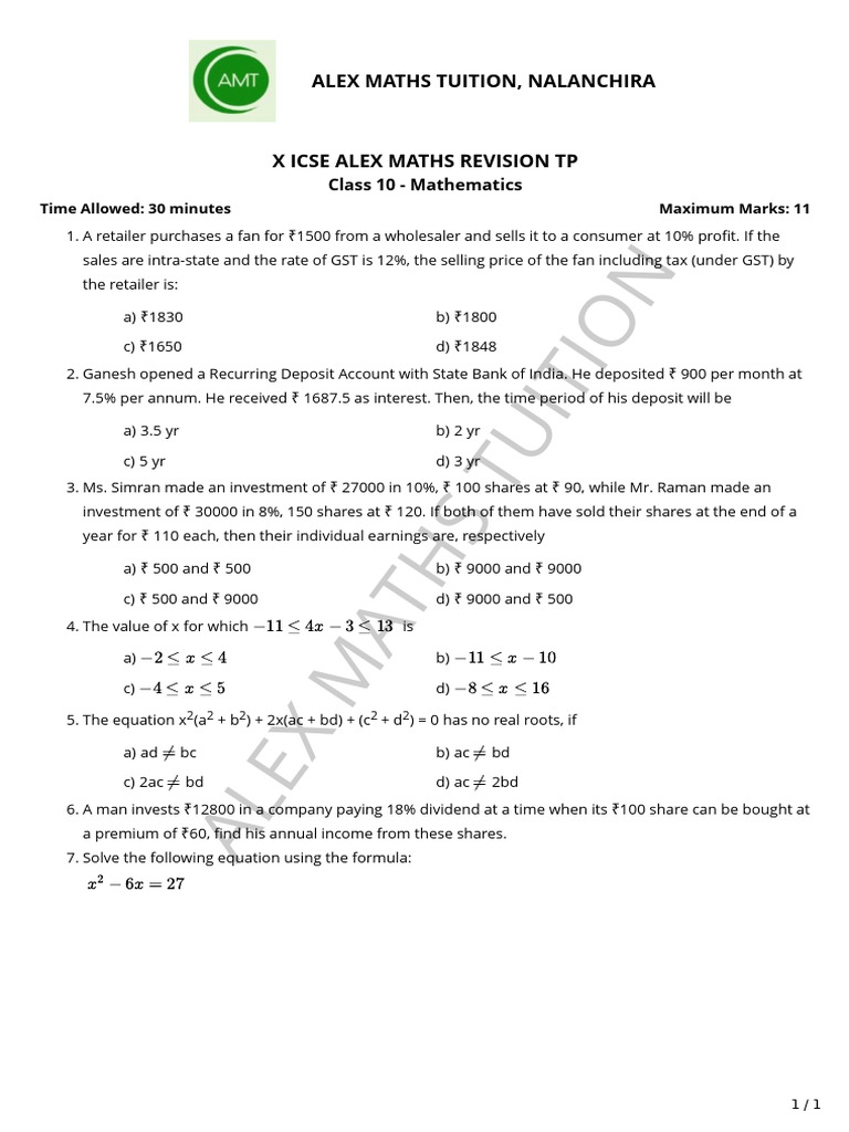 X Icse Revision TP 01 Qtns | PDF | Economies