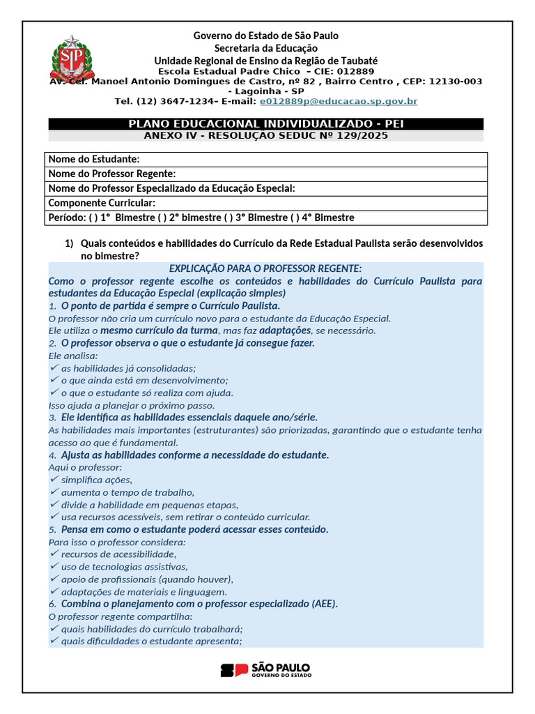 Modelo de Plano Educacional Individualizado - 2025 | PDF | Pedagogia ...