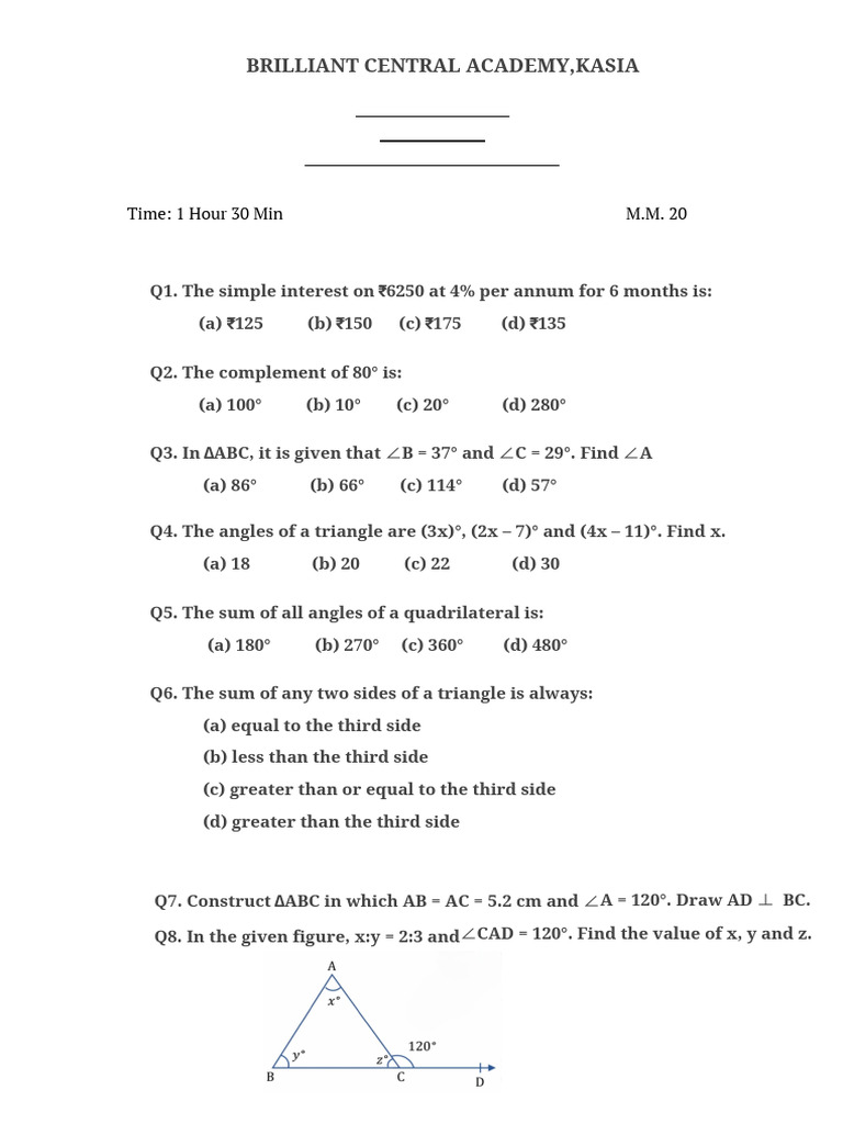 Class 7 Maths Term I Sample Paper | PDF