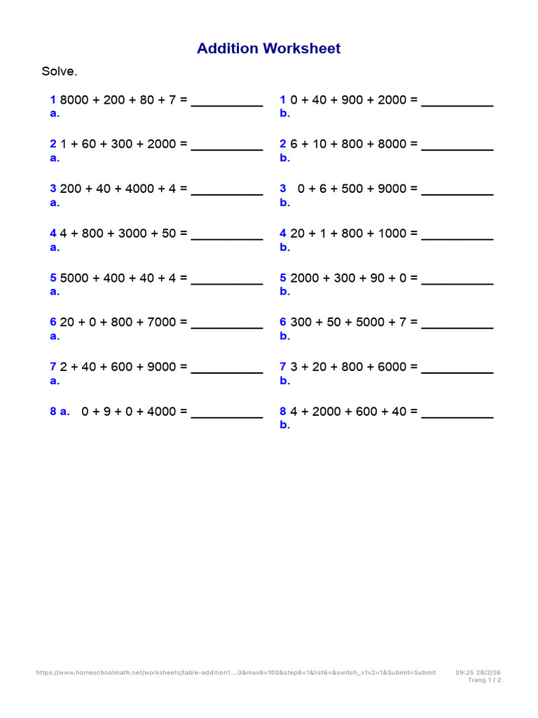 Addition Worksheet 2 | PDF