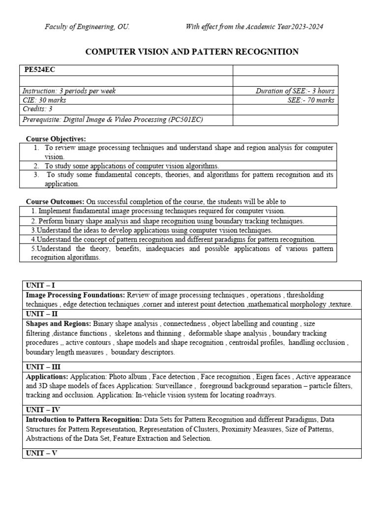 CV-PR Syllabus | PDF | Computer Vision | Pattern Recognition
