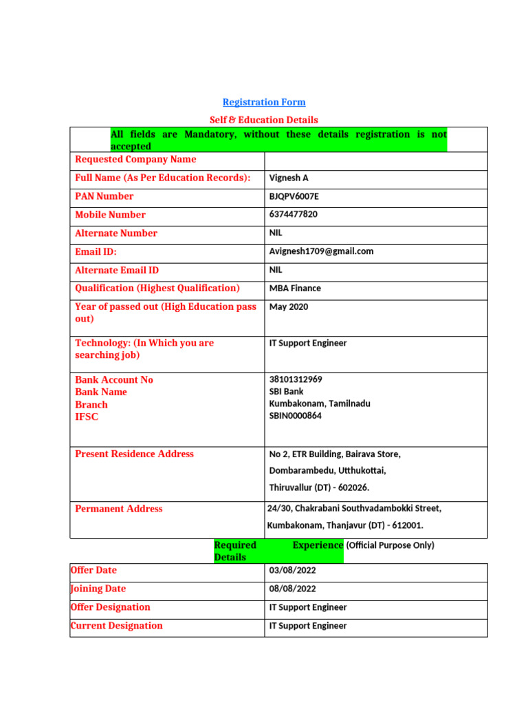 Vignesh A - Reg Form For Exp Docs | PDF