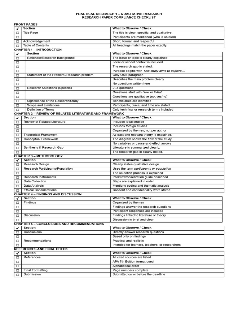 PR 1 Research Content Checklist | PDF | Procedural Knowledge | Science