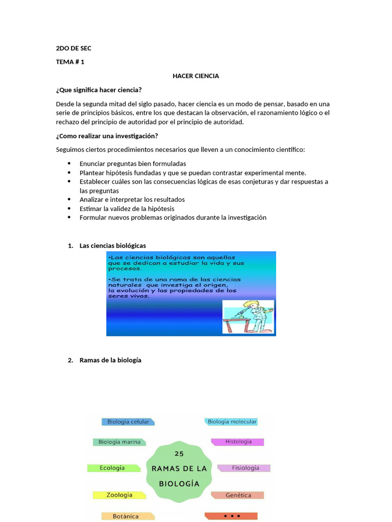 Tema#1 Hacer Ciencia 2do de Sec | PDF | Biología | Hipótesis