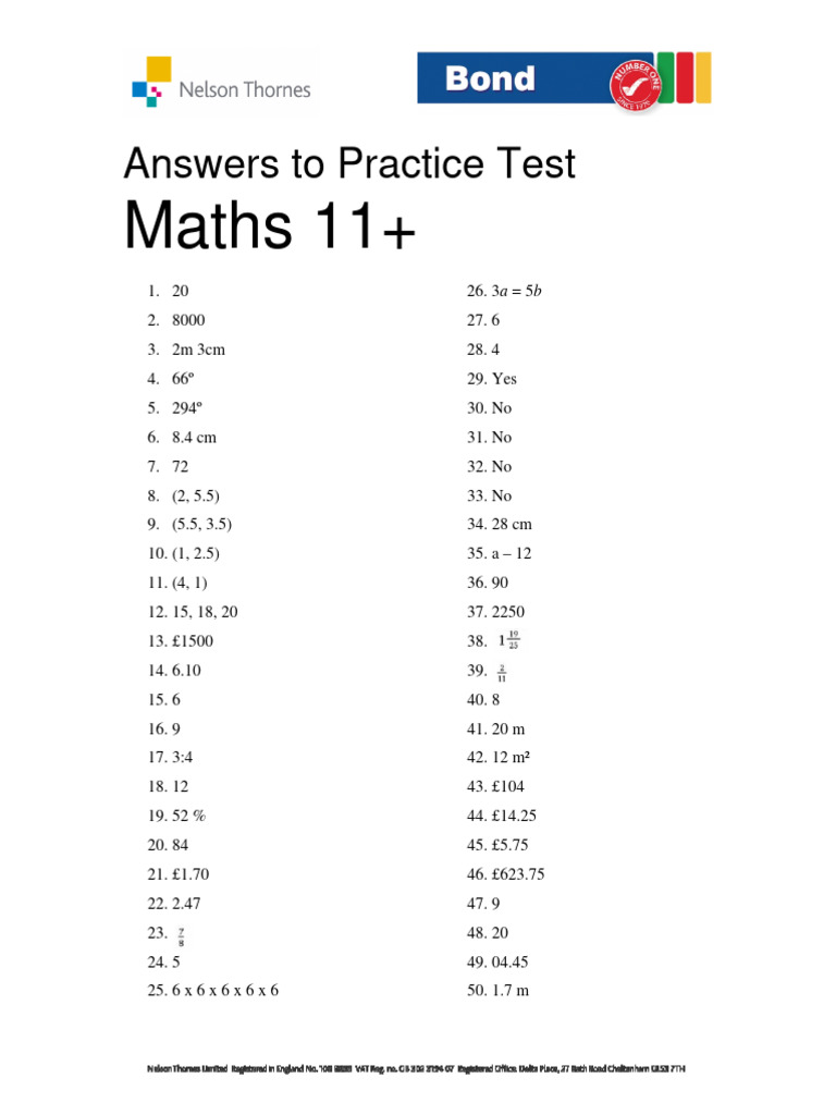 Bond 11 Plus Practice Maths Test 2006 Answers | PDF