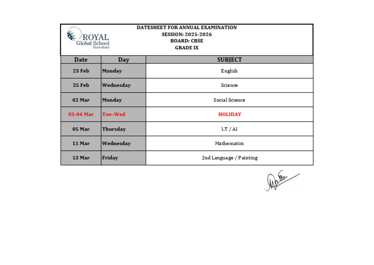 Grade Ix - Datesheet For Annual Examination | PDF