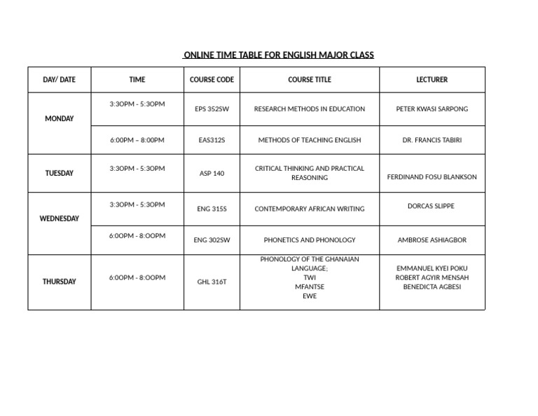 Online Time Table For English Major Class | PDF