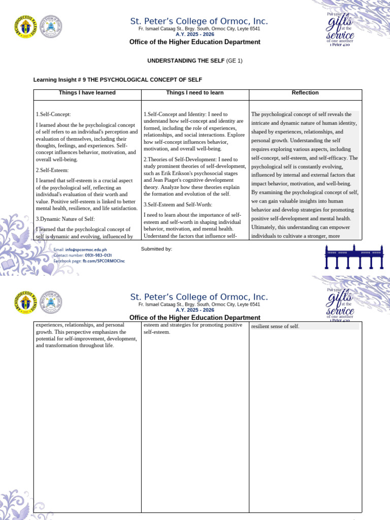 Learning Insight # 9 The Psychological Concept of Self | PDF | Self ...