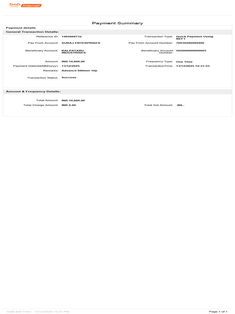 Payment Summary: 1485669732 Quick Payment Using Neft Suraj Enterprises ...