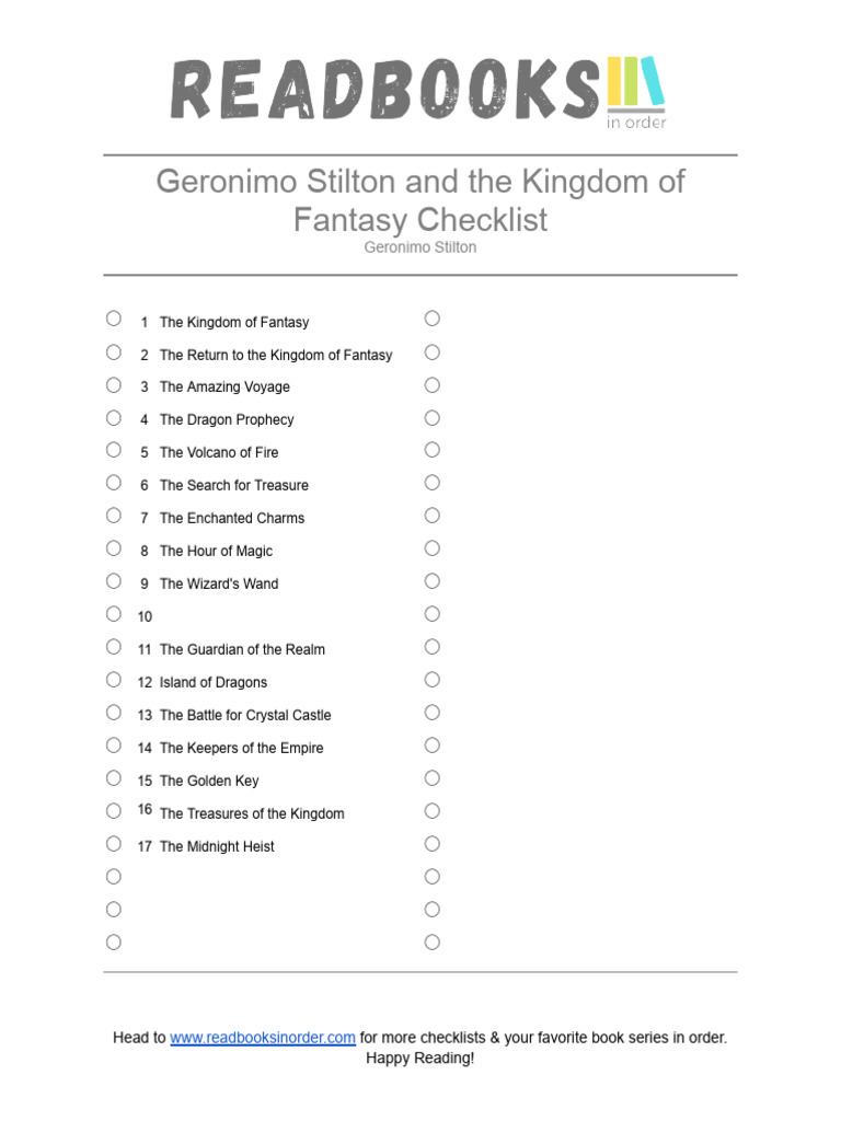 Geronimo Stilton and The Kingdom of Fantasy Book Series Checklist | PDF