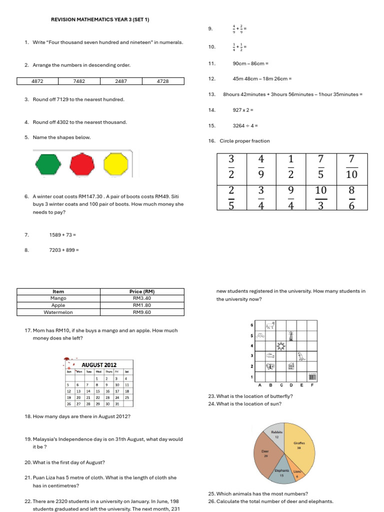 Revision Mathematics Year 3 | PDF