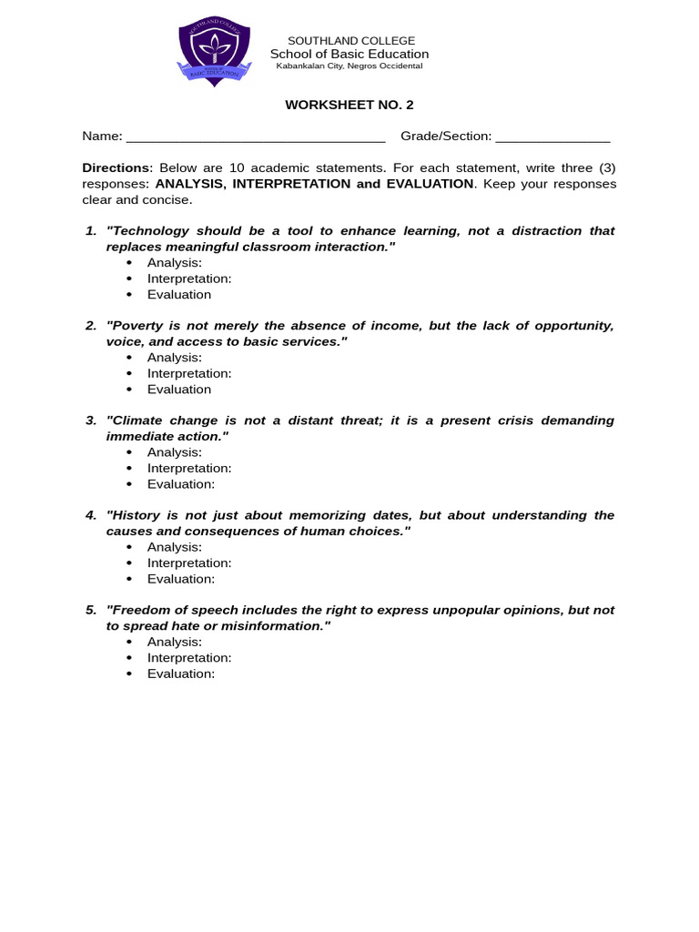 EAPP Worksheet No. 2 | PDF