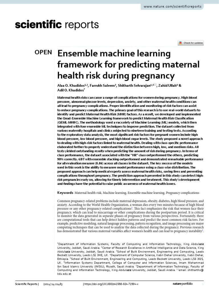 Ensemble Machine Learning Framework For Maternal Health Risk During ...