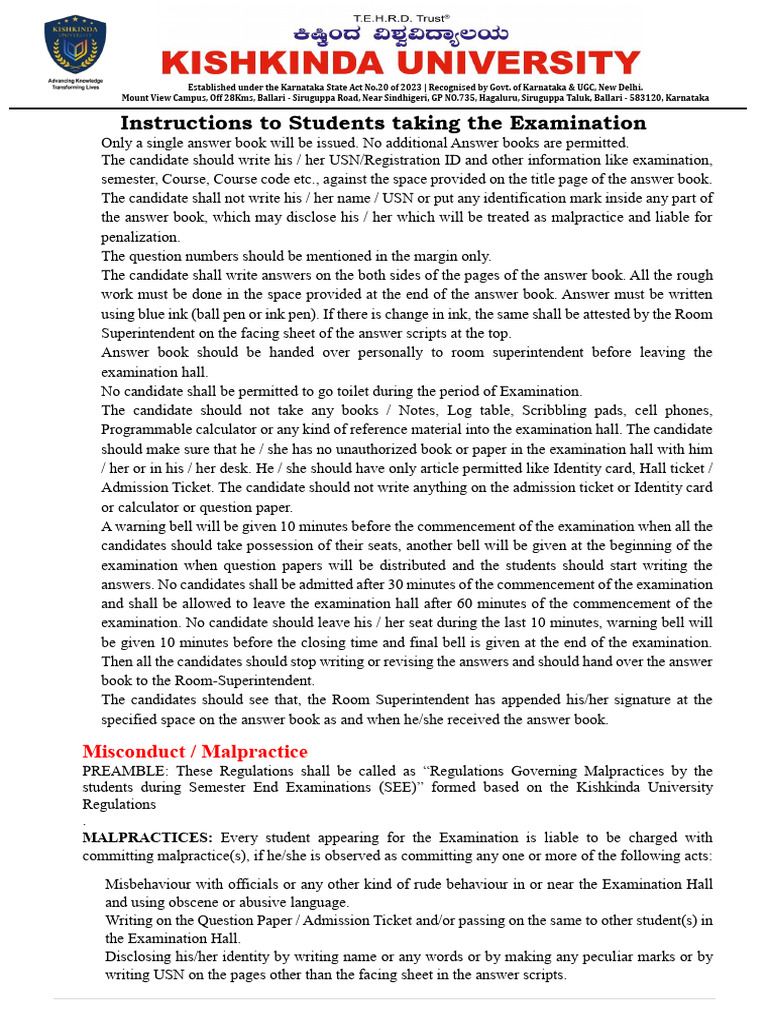 Examination Instructions For Candidates | PDF