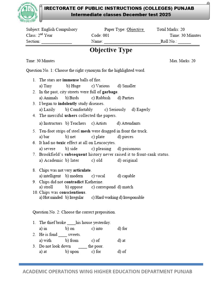 P-II English Compulsory (Test B) | PDF | Linguistics