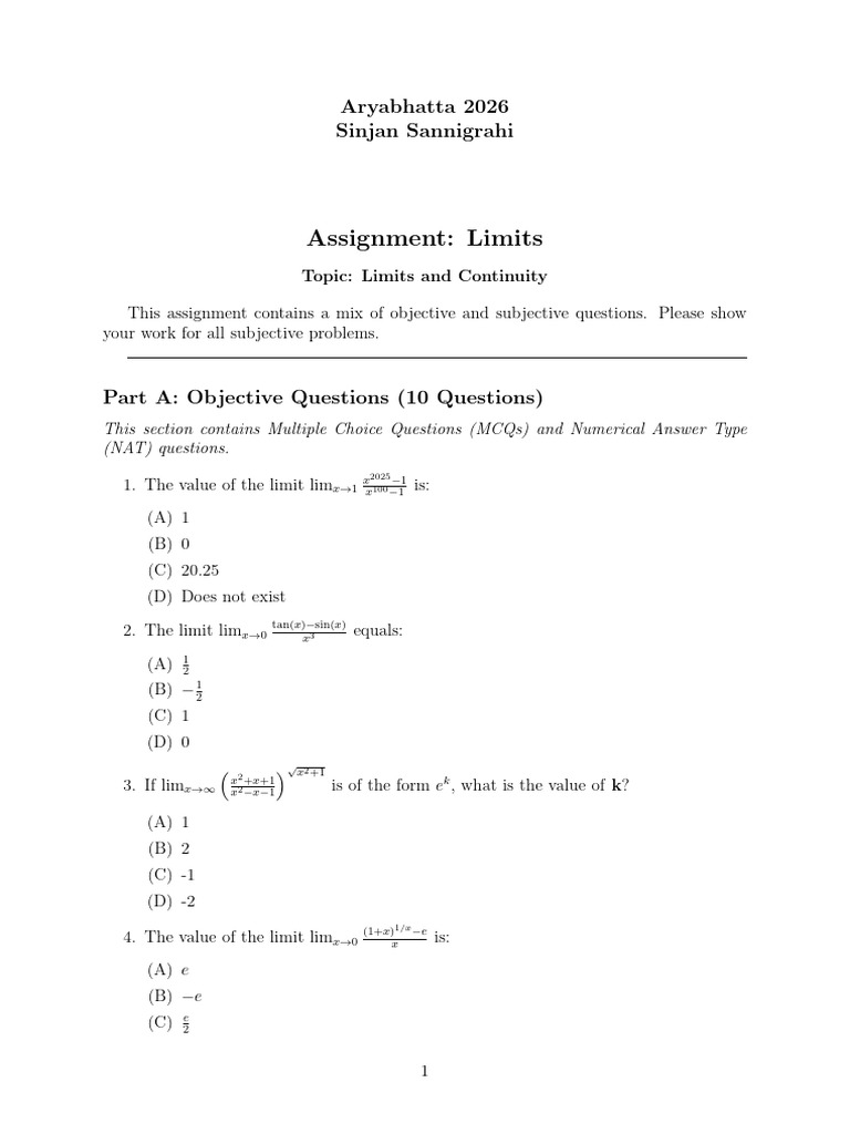 Limits Assignment 29th Oct | PDF | Mathematical Objects | Mathematical ...
