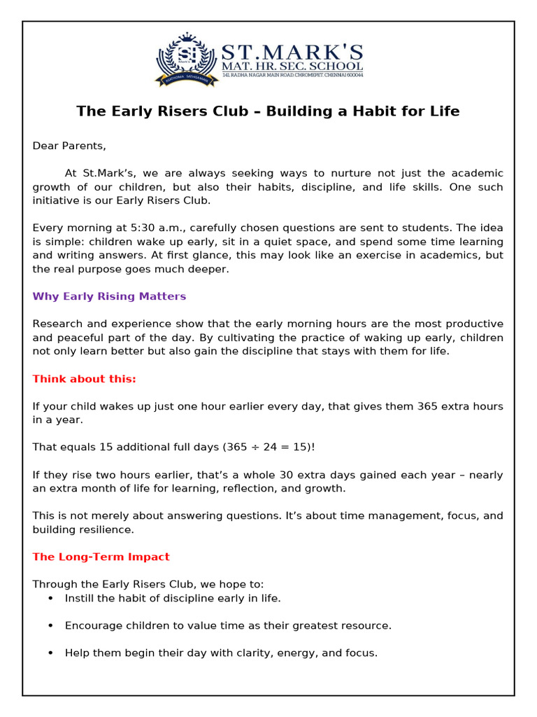 The Early Risers Club - Building A Habit For Life | PDF