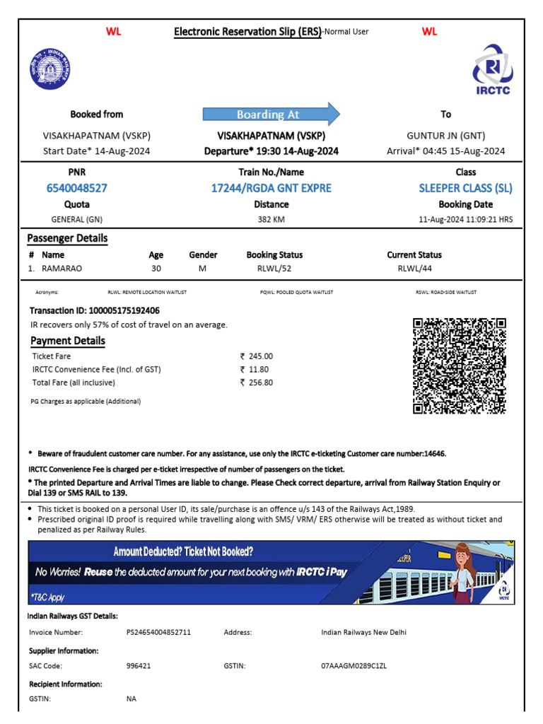 17244/rgda GNT Expre Sleeper Class (SL) : WL WL | PDF | Identity Document