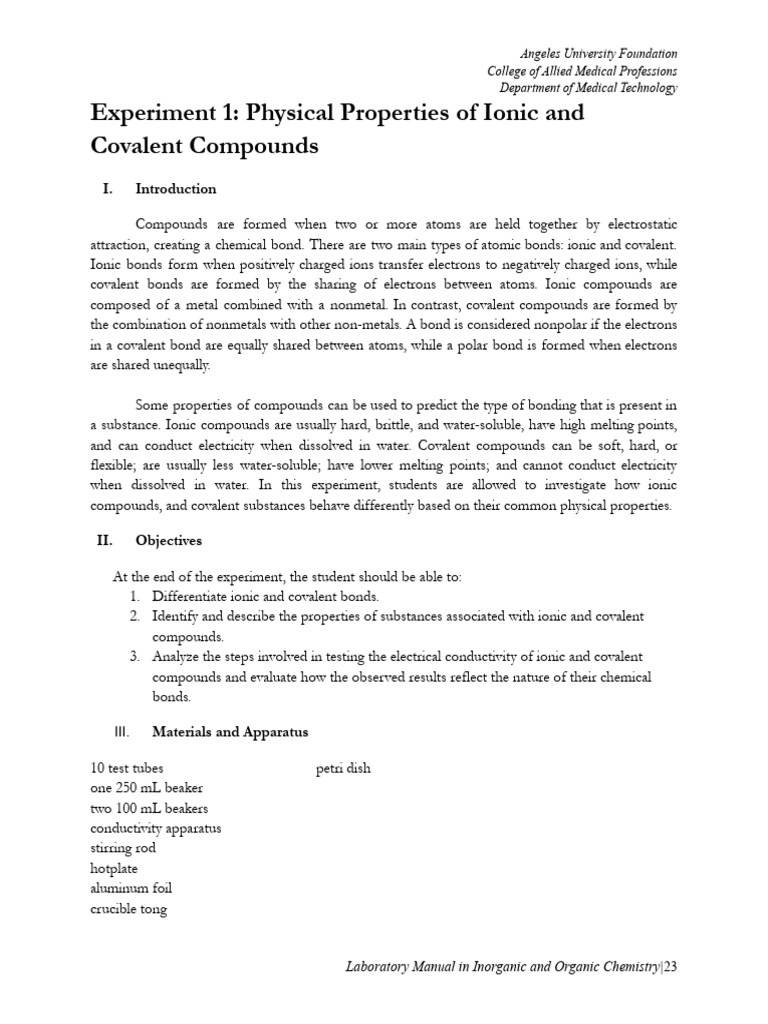 Experiment 1 Manual | PDF | Chemical Compounds | Chemical Bond