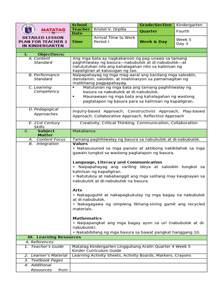 Detailed Lesson Plan For Teacher 1 in Kindergarten Final | PDF