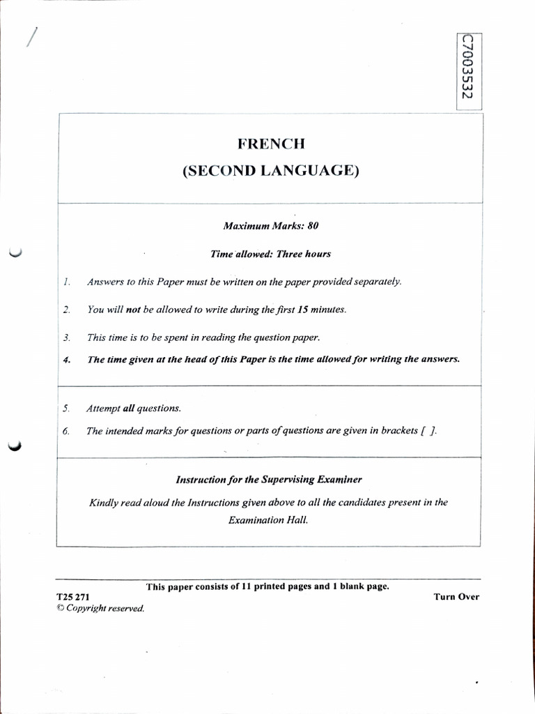 Grade 10 French Sample Paper 2025 | PDF