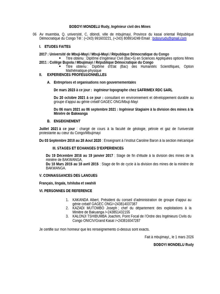 CV Ir Boboyi Mondelu Rudy Ena RDC | PDF | République démocratique du Congo