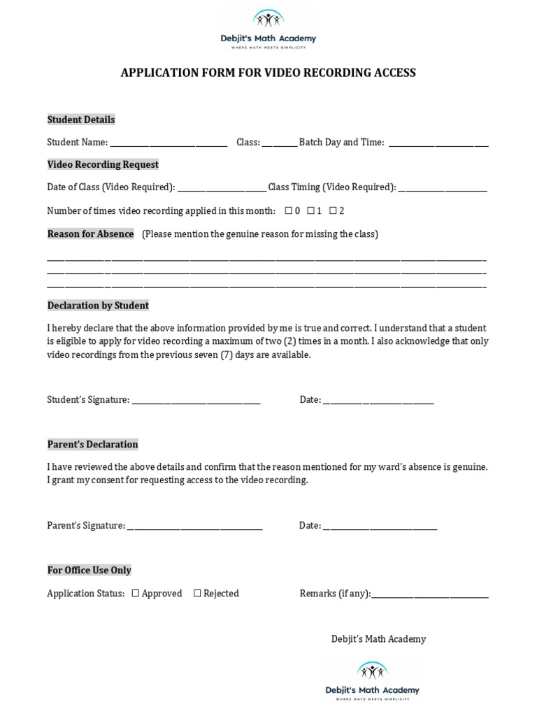 Application Form For Video Recording Access | PDF