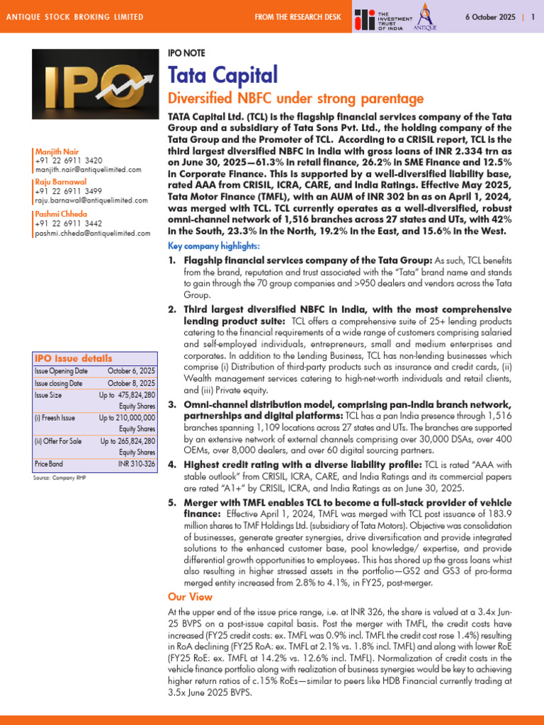 Tata Capital IPO Note - 251006 | PDF | Loans | Non Bank Financial ...