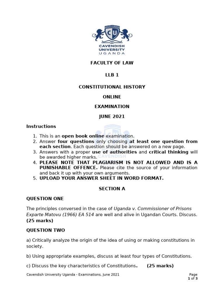Constitutional History Online Exam Paper June 2020 | PDF | Justice ...