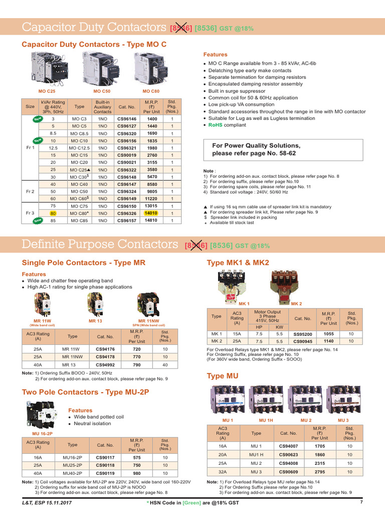 L&T Capacitor Duty Contactor Price List 15.11.2017 | PDF