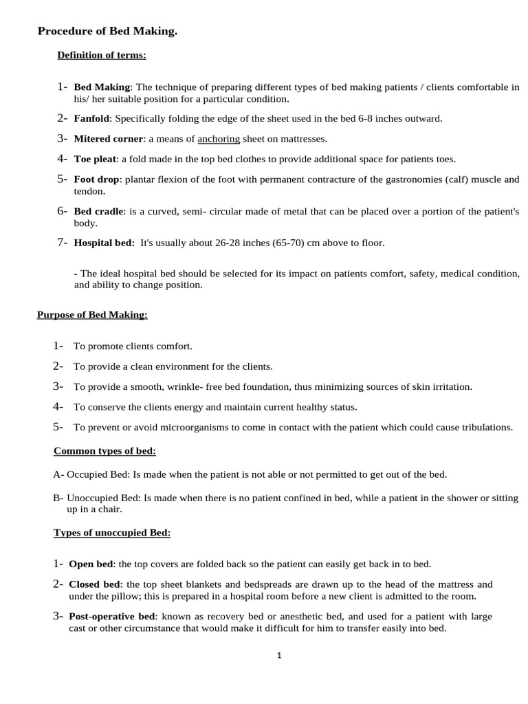 Procedure of Bed Making. | PDF | Bed | Bedding