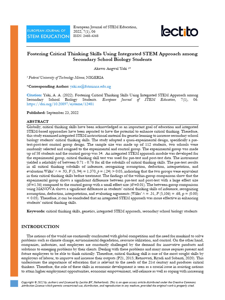 Fostering Critical Thinking Skills Using Integrated Stem Approach Among ...