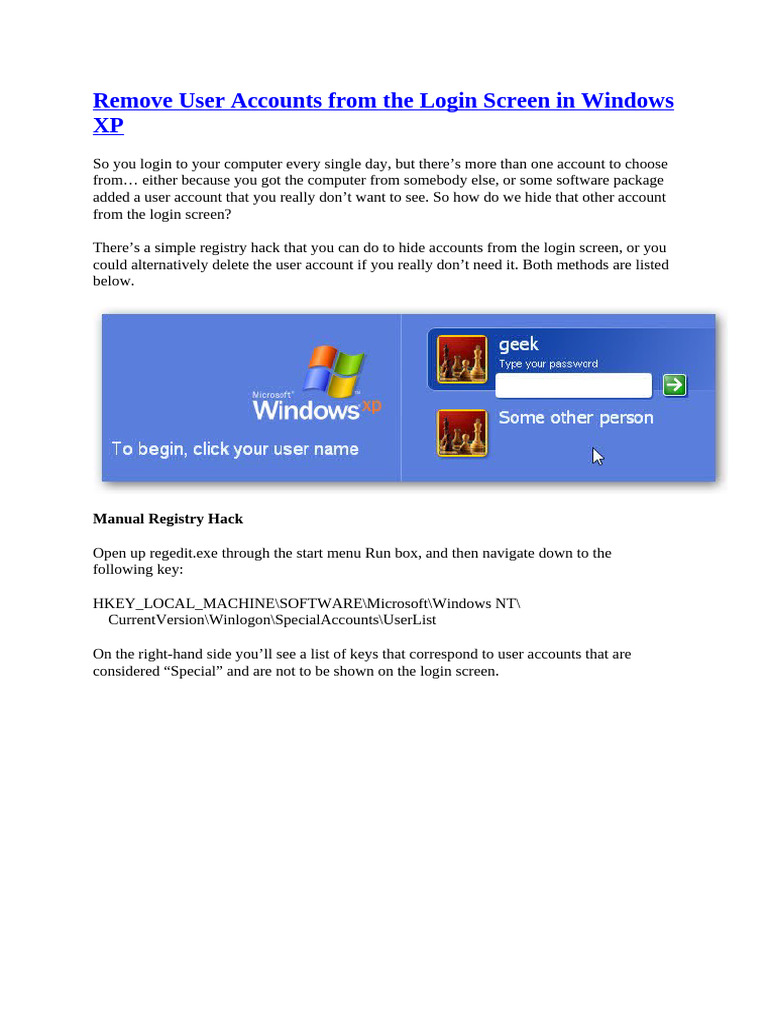 Remove User Accounts From The Login Screen in Windows XP | PDF