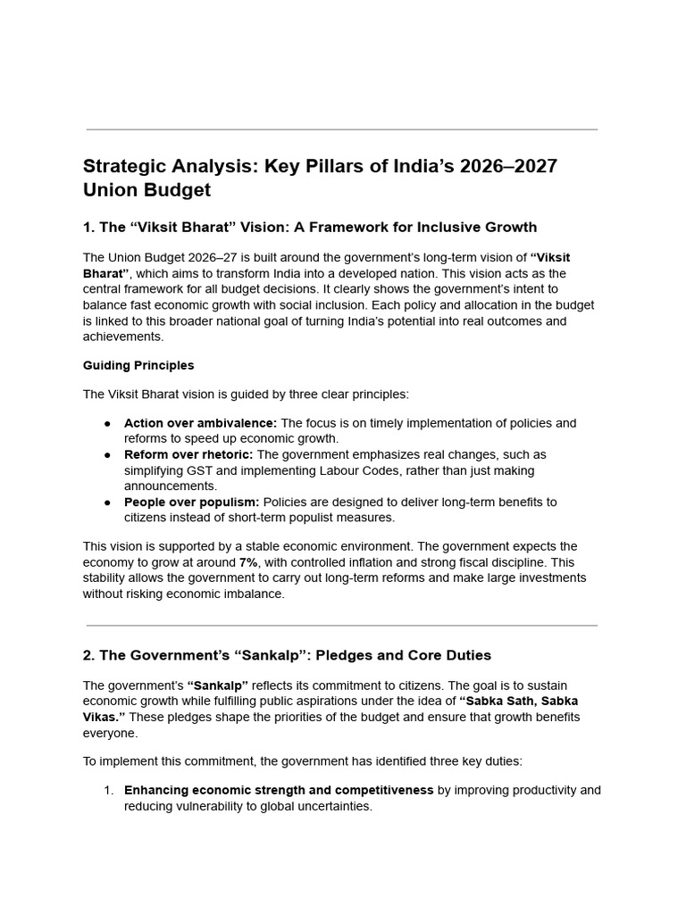 Strategic Analysis - Key Pillars of India's 2026-2027 Union Budget ...