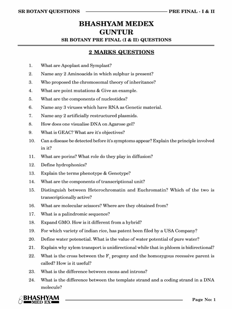 SR Botany Important Questions | PDF