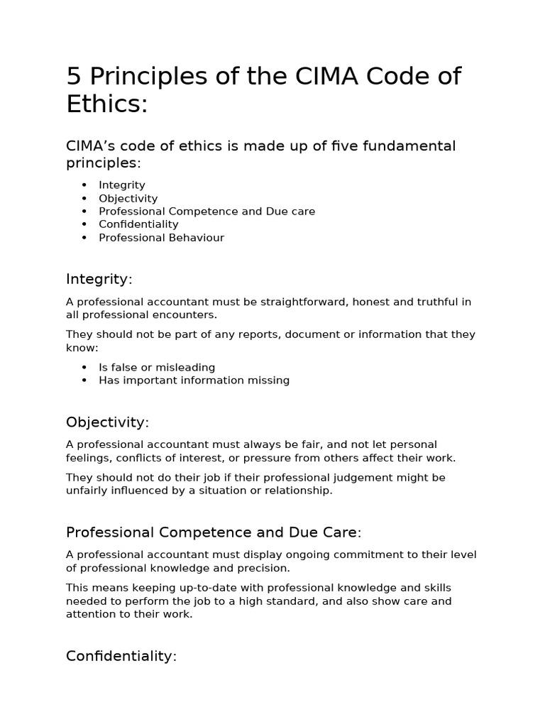 5 Principles of The CIMA Code of Ethics | PDF