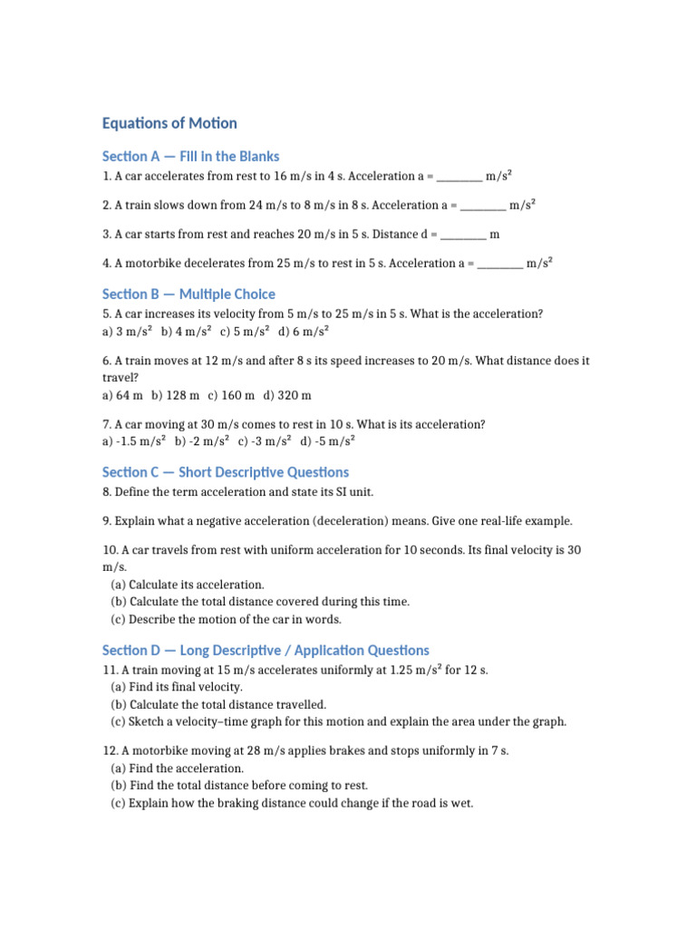 Equations of Motion Worksheet | PDF