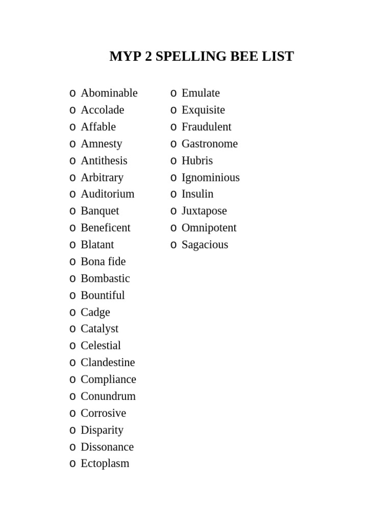 Myp 2 Spelling Bee List | PDF