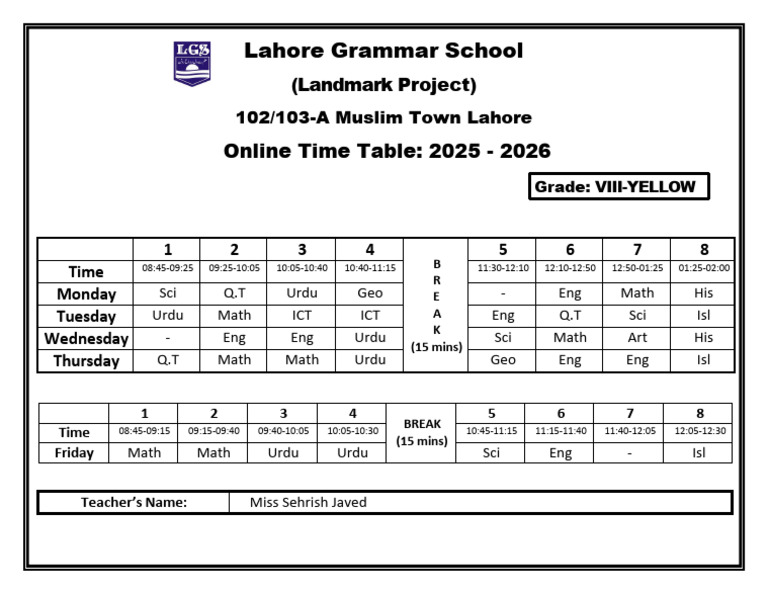 Online Time Table VIII-Yellow 2026 | PDF