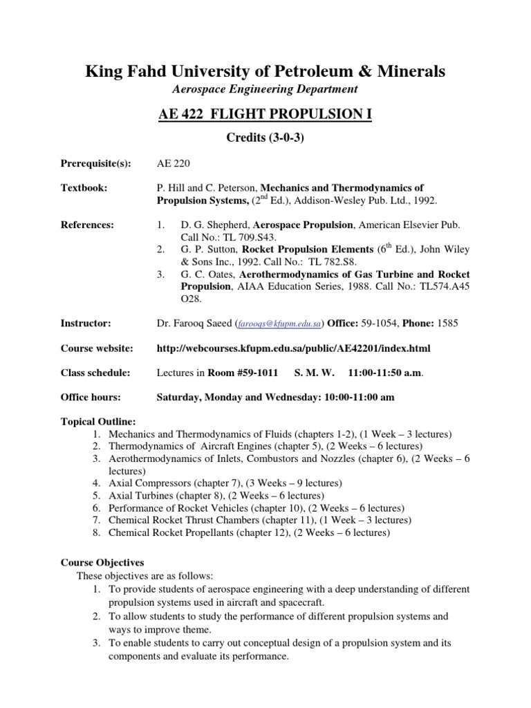 AE 422 Flight Propulsion Course | PDF | Rocket Engine | Spacecraft ...