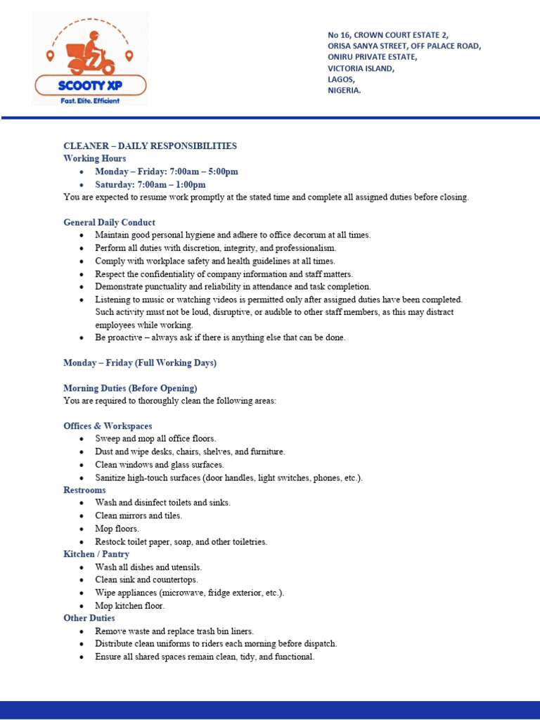 Cleaner - Daily Responsibilities (Final) | PDF | Public Toilet | Home