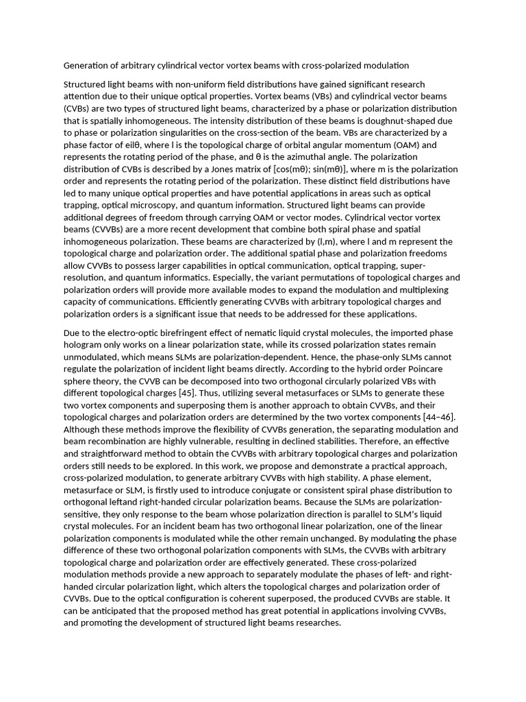 Generation of Arbitrary Cylindrical Vector Vortex Beams With Cross ...